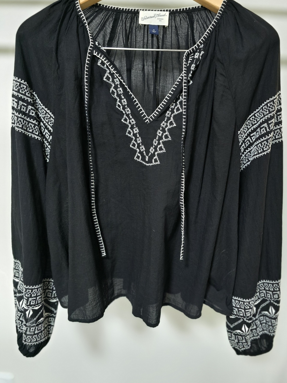 Universal Thread Black Peasant Tunic with White Embroidery